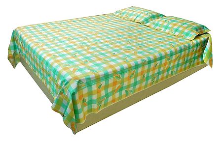 Green and Yellow Check Cotton Double Bedspread with Pillow Cover
