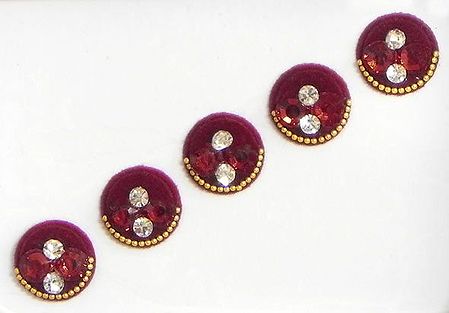 Maroon Round Bindis with Red and White Stones