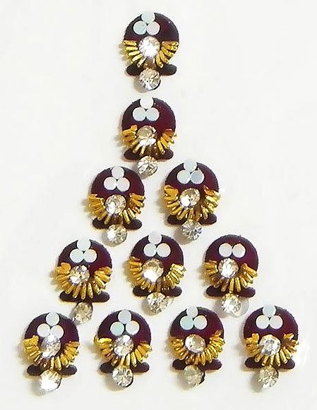 Maroon Bindis with White Stone and Golden Design