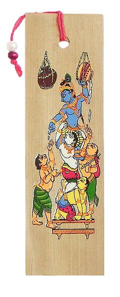 Nanichora Krishna with Gopis ( Bookmark) - Patachitra on Palm Leaf