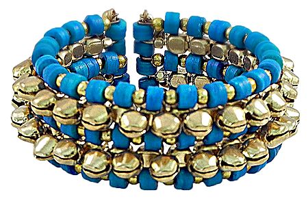 Metal Ghunghroo and Blue Bead Cuff Bracelet