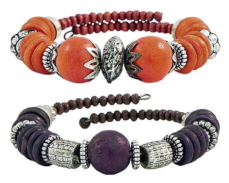 Set of 2 Spiral Bracelet with Saffron, Mauve and Metal Beads