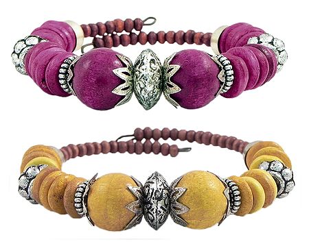 Pair of Spring Bracelet with Magenta, Yellow and Metal Beads