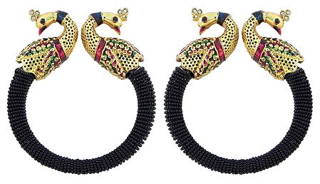 Pair of Black Bead Cuff Bangles with Gold Plated Peacock