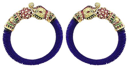 Pair of Blue Bead Cuff Bangles with Gold Plated Elephant Head
