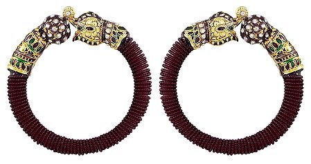 Pair of Maroon Bead Cuff Bangles with Gold Plated Elephant Head