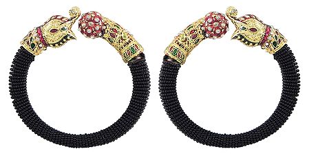 Pair of Black Bead Cuff Bangles with Gold Plated Elephant Head