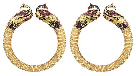 Pair of Golden Bead Cuff Bangles with Gold Plated Peacock