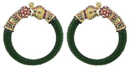Pair of Green Bead Cuff Bangles with Gold Plated Elephant Head