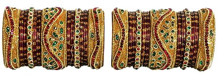 Two Sets of Red and Green Stone Studded Red Churis with Glitter Golden Bridal Bangles