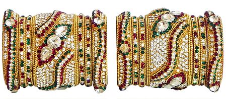 Set of 2 White, Red and Green Stone Studded Golden Yellow Bangles