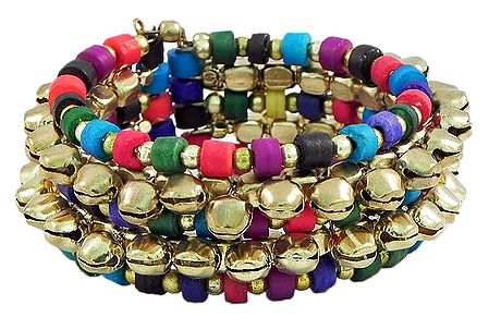Metal Ghunghroo and Multicolor Bead Cuff Bracelet