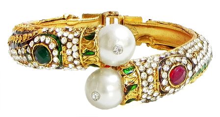 Faux Zirconia, Garnet and Emerald Studded Hinged Bracelet 