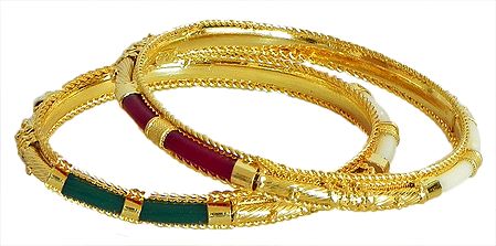 Gold Plated Red with Green Bangles