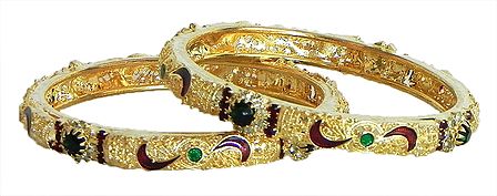 Pair of Stone Studded and Gold Plated Meenakari Bangles