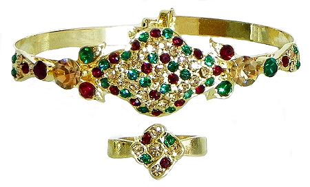 Faux Emerald, Citrine and Garnet Studded Adjustable Ring and Cuff Bracelet