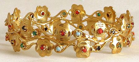 Gold Plated Flower Design with Stone Studded Bangle Bracelet