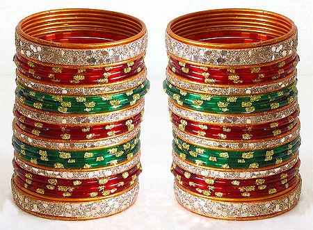  Golden Glittered  Red and Green Bridal Churis (Set of 2)