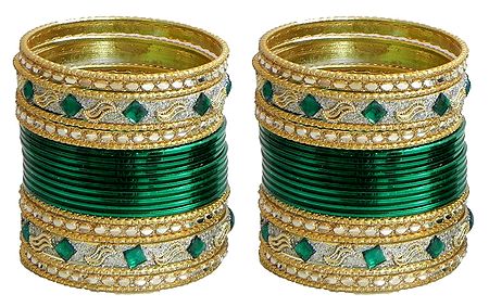 Two Sets of Stone Studded Dark Green with Golden Bangles
