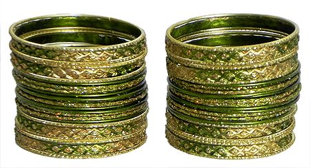Two Sets of Olive Green and Golden Glitter Bangles