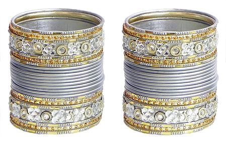 Two Sets of Stone Studded Light Grey with Golden Bangles