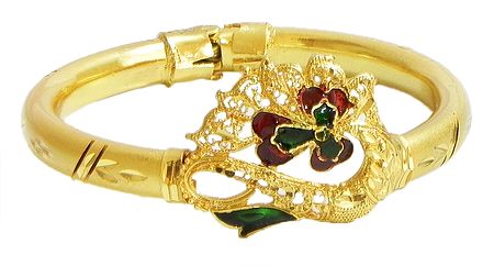 Gold Plated Hinge Bracelet with Peacock Design