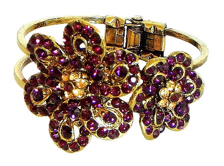 Purple Stone Studded Oxidised Metal Hinged Bracelet