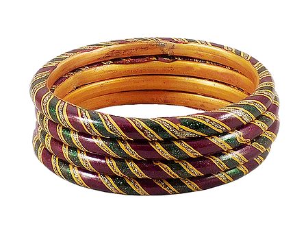 Maroon, Green and Yellow Painted Lac Bangles
