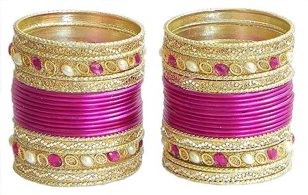 Two Sets of Stone Studded Dark Magenta with Golden Bangles