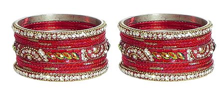Set of 2 White Stone Studded Red Metal Bangles