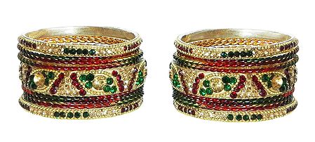 Set of 2 Red, Green and Yellow Stone Studded Metal Bangles