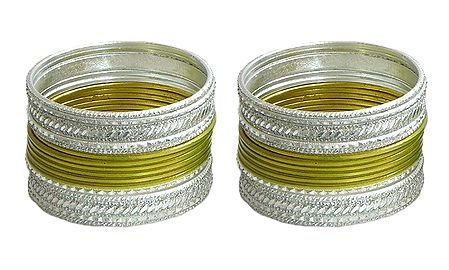 Set of 2 Yellow with White Metal Bangles