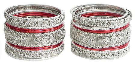 Set of 2 Stone Studded White with Red Bangles