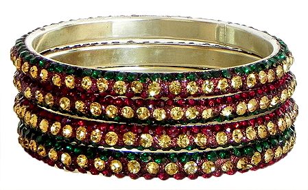 Four Red, Green and Golden Stone Studded Bangles