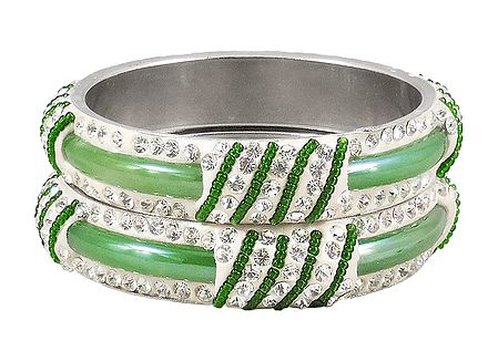 Pair of Light Green Metal Bangles with Stone and Beads