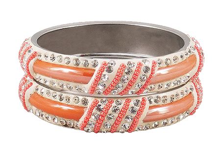 Pair of Light Saffron Metal Bangles with Stone and Beads