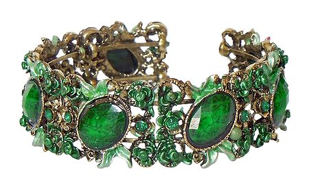 Green Stone Studded Oxidised Metal Designer Cuff Bracelet