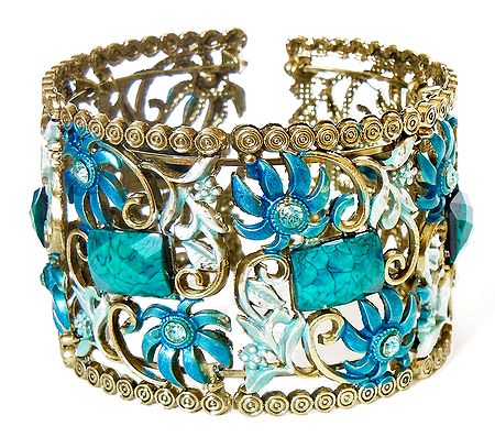 Blue Stone Studded Oxidised Metal Designer Cuff Bracelet