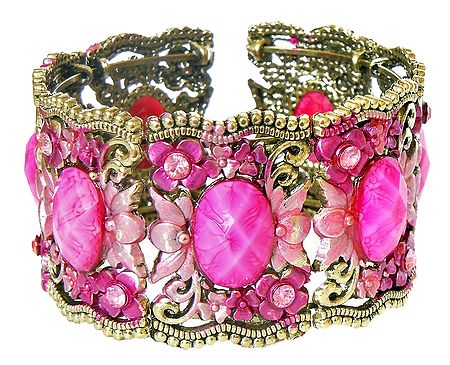 Pink Stone Studded Oxidised Metal Designer Cuff Bracelet