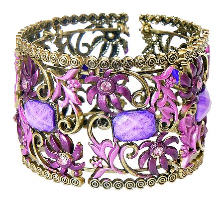 Purple Stone Studded Oxidised Metal Designer Hinged Cuff Bracelet