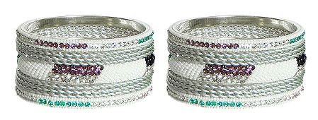 Set of 2 Multicolor Stone Studded White Metal Bangles