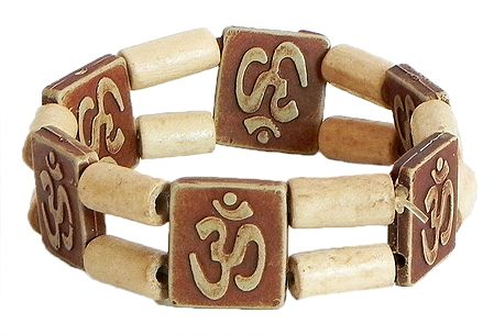 Off-White and Brown Bead Bracelet with Om