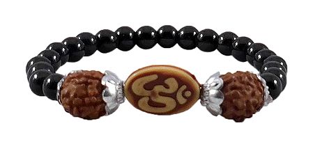 Black Bead with Rudraksha Om Stretch Bracelet