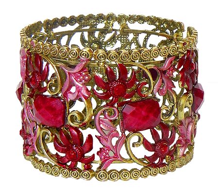 Red Stone Studded Oxidised Metal Designer Cuff Bracelet