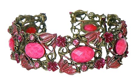 Pink Stone Studded Oxidised Metal Designer Cuff Bracelet