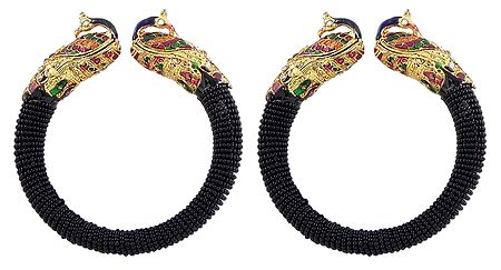 Set of 2 Black Bead Cuff Bangles with Gold Plated Peacock