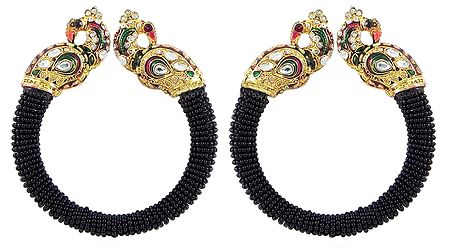 Set of 2 Black Bead Cuff Bangles with Gold Plated Peacocks