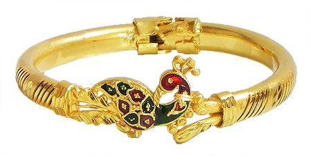 Gold Plated Hinged Bracelet with Peacock Design
