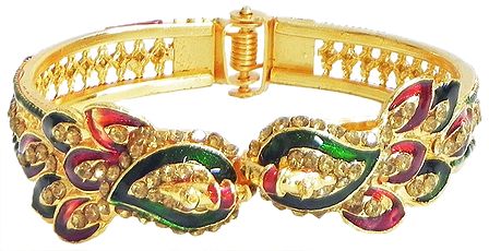 Faux Citrine Studded Hinged Bracelet with Two Colorful Laquered Peacock Design