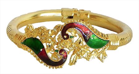 Meenakari Peacock Design Stone Studded and Gold Plated Hinged Bracelet